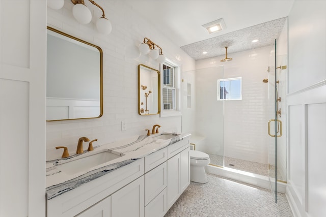 427 E 5th Ave, North Wildwood, NJ 08260 - full bath with a stall shower, double vanity, speckle patterned floor, and recessed lighting