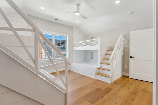 427 E 5th Ave, North Wildwood, NJ 08260 - unfurnished bedroom featuring light wood-style floors, recessed lighting, vaulted ceiling, and a ceiling fan