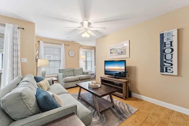 living room featuring ceiling fan and light hardwood / wood-style floors