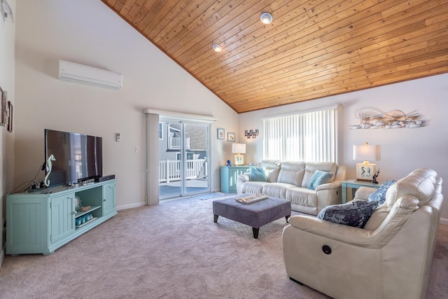 living area with plenty of natural light, a wall unit AC, wooden ceiling, and light carpet