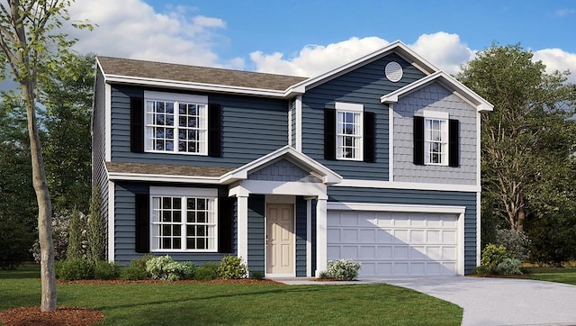 view of front of home featuring a garage and a front lawn