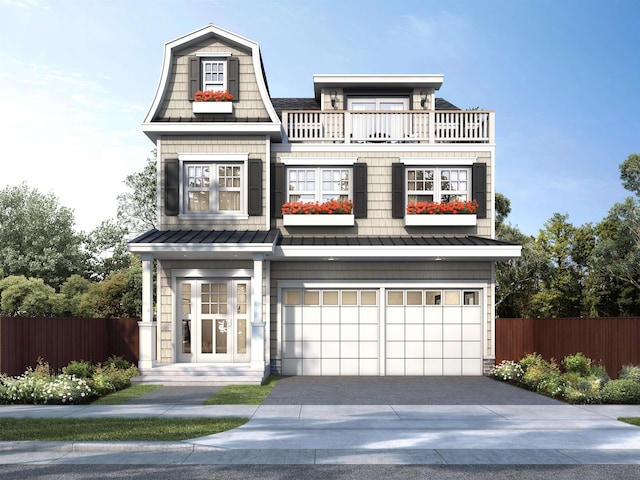 view of front of home featuring a balcony and a garage