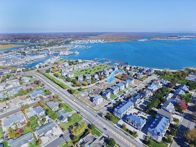 drone / aerial view featuring a water view