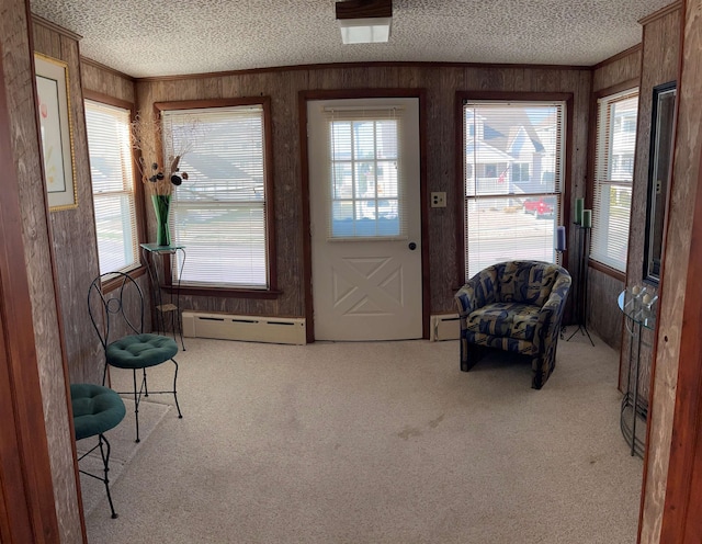 sitting room with ornamental molding, carpet, a healthy amount of sunlight, and baseboard heating