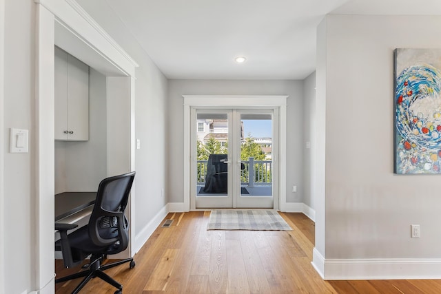 doorway with light wood-style flooring, french doors, an office area, baseboards, and recessed lighting