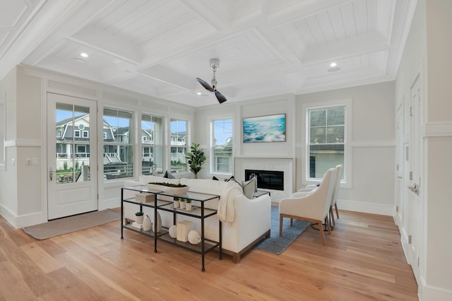 2045 W Ave, Ocean City, NJ 08226 - living room with light wood-style floors, a high end fireplace, coffered ceiling, beam ceiling, and a ceiling fan