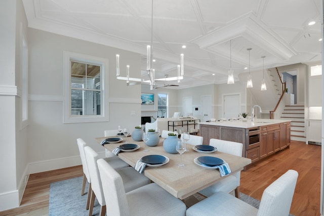 2045 W Ave, Ocean City, NJ 08226 - dining space with coffered ceiling, light wood-type flooring, stairs, baseboards, and recessed lighting