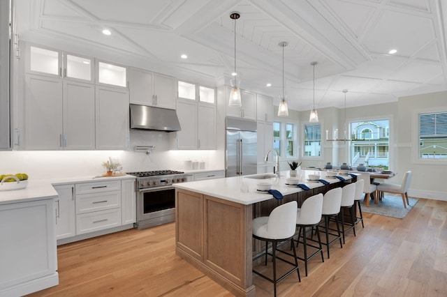 2045 W Ave, Ocean City, NJ 08226 - kitchen with under cabinet range hood, high end appliances, a sink, coffered ceiling, and recessed lighting