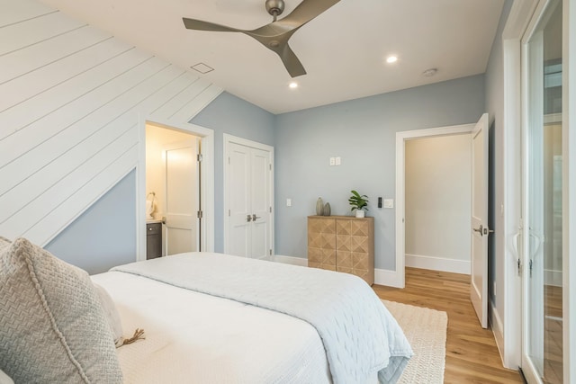 2045 W Ave, Ocean City, NJ 08226 - bedroom with light wood-style floors, baseboards, recessed lighting, ceiling fan, and connected bathroom