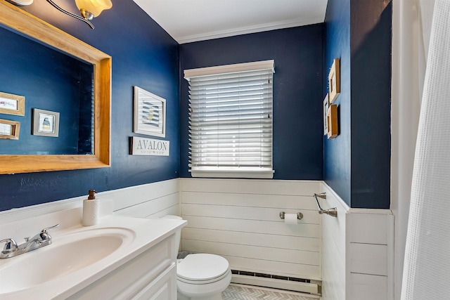 460 20th St Fl 2Nd, Avalon, NJ 08202 - full bath with baseboard heating, vanity, wainscoting, a shower with shower curtain, and ornamental molding
