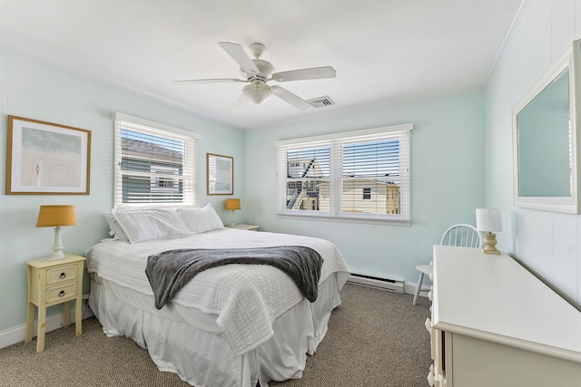 460 20th St Fl 2Nd, Avalon, NJ 08202 - bedroom featuring carpet flooring, multiple windows, a baseboard heating unit, and ceiling fan