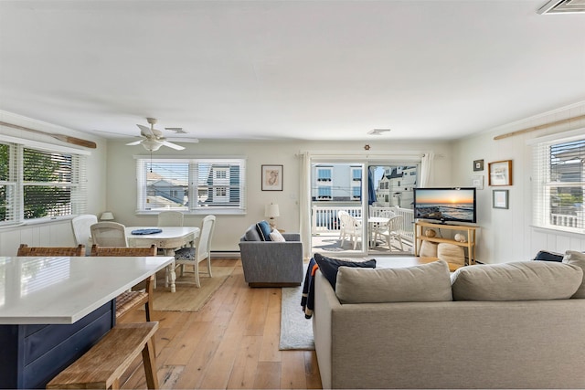 460 20th St Fl 2Nd, Avalon, NJ 08202 - living area with healthy amount of natural light, light wood-style floors, a baseboard radiator, and a ceiling fan