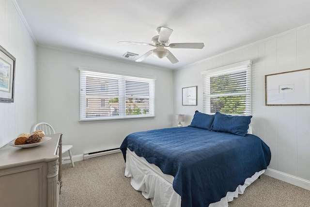 460 20th St Fl 2Nd, Avalon, NJ 08202 - bedroom featuring baseboard heating, ornamental molding, light colored carpet, multiple windows, and ceiling fan