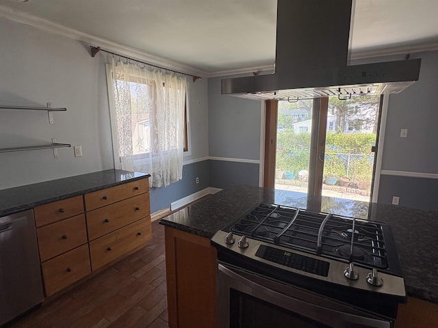 kitchen with stainless steel appliances, dark wood-style floors, island exhaust hood, dark stone counters, and ornamental molding