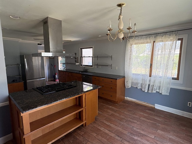 kitchen featuring open shelves, gas cooktop, ornamental molding, dishwashing machine, and freestanding refrigerator