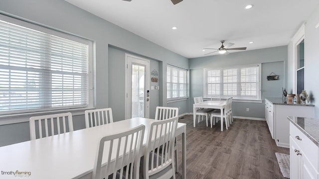 dining room featuring dark wood-type flooring and ceiling fan