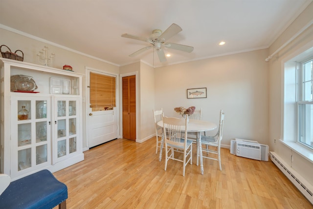 717 Third Ave, West Cape May, NJ 08204 - dining room with a baseboard radiator, crown molding, recessed lighting, a ceiling fan, and light wood-style floors