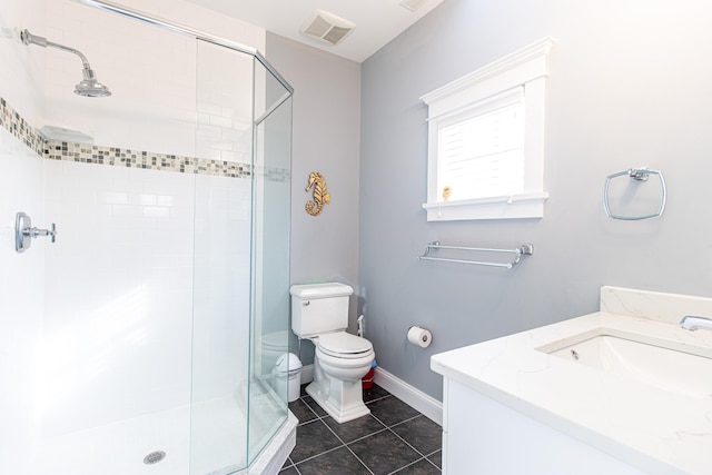 bathroom featuring vanity, a shower with shower door, tile patterned floors, and toilet