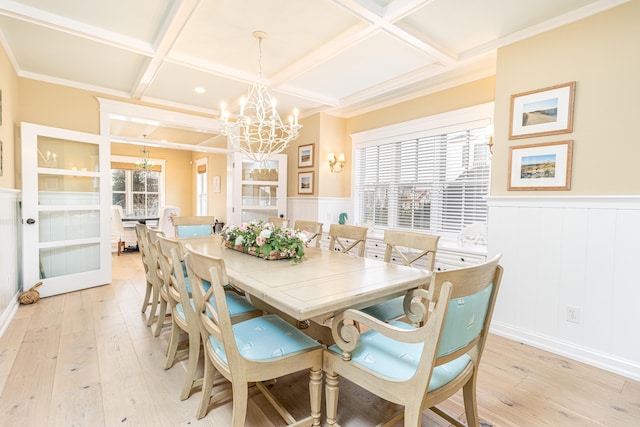 dining room featuring coffered ceiling, beam ceiling, light hardwood / wood-style flooring, and a chandelier