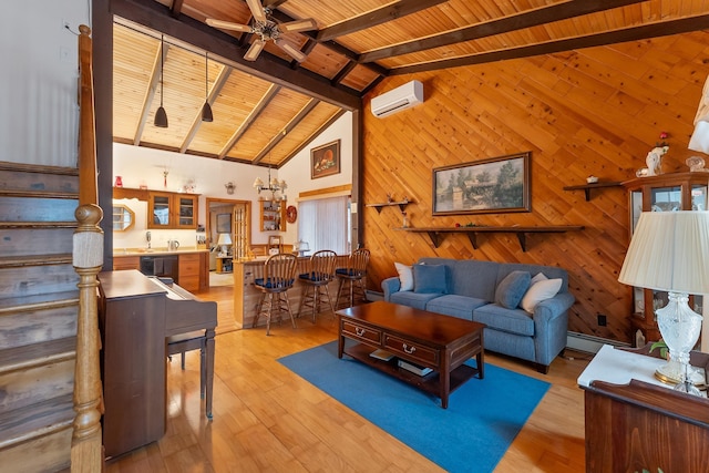 living room featuring light wood-type flooring, a wall mounted AC, ceiling fan, wooden ceiling, and beam ceiling