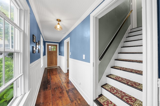 8281/2 Corgie St, Cape May, NJ 08204 - doorway with ornamental molding, wainscoting, dark wood finished floors, and stairs