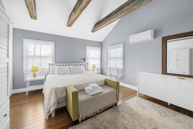 8281/2 Corgie St, Cape May, NJ 08204 - bedroom with a wall mounted air conditioner, beamed ceiling, wood finished floors, and high vaulted ceiling