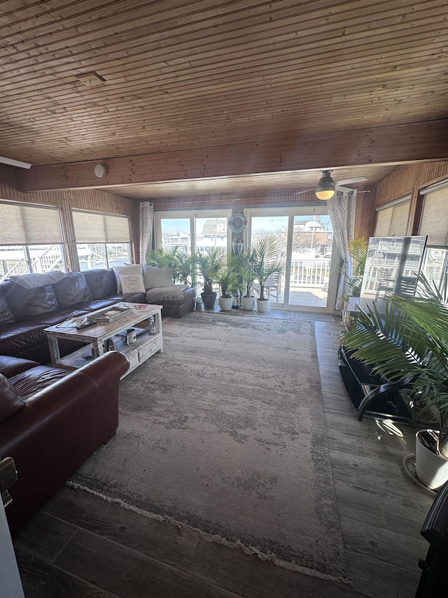 435 W Pine Ave, Wildwood, NJ 08260 - living room featuring wood ceiling, wood finished floors, and ceiling fan