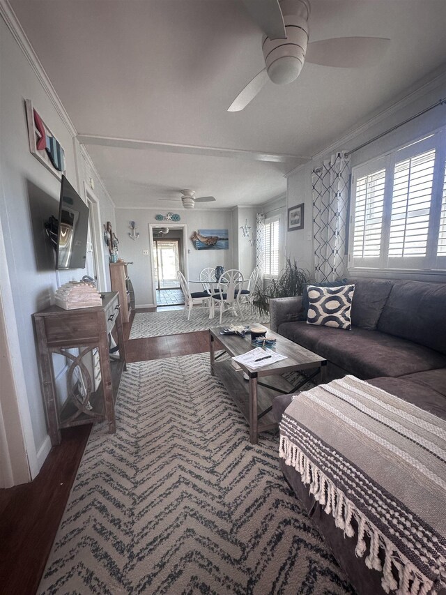435 W Pine Ave, Wildwood, NJ 08260 - living room featuring ceiling fan, crown molding, baseboards, and wood finished floors