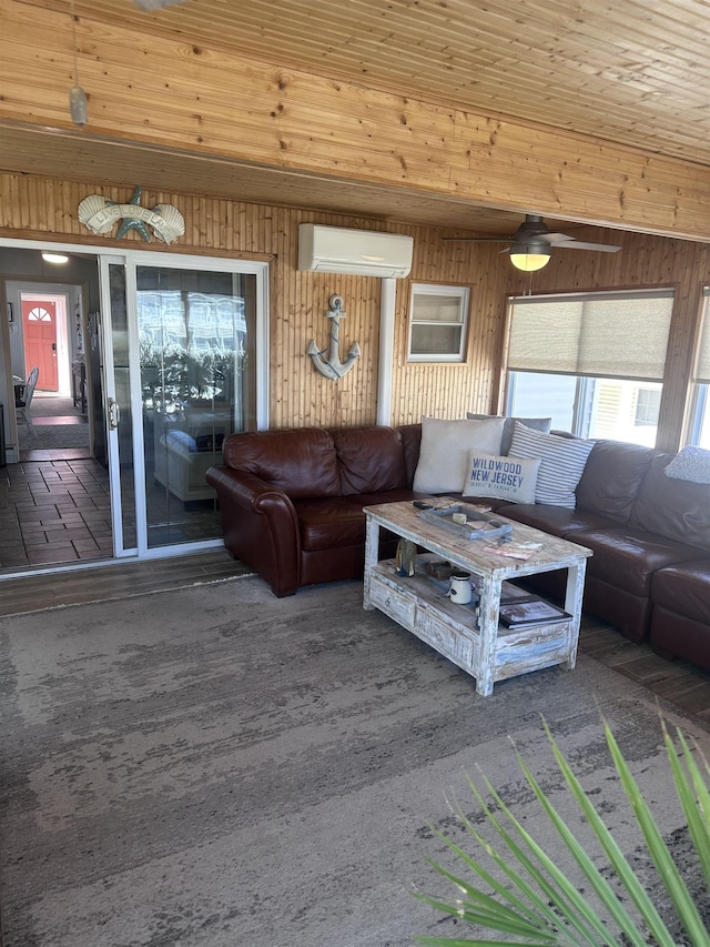 435 W Pine Ave, Wildwood, NJ 08260 - living area with wood walls, a wall mounted air conditioner, and ceiling fan