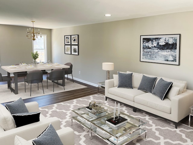 living room featuring a chandelier and dark hardwood / wood-style flooring