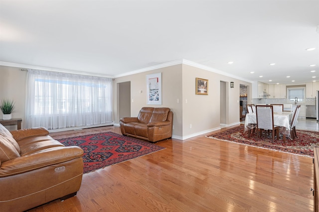 living room featuring light hardwood / wood-style floors, ornamental molding, and sink