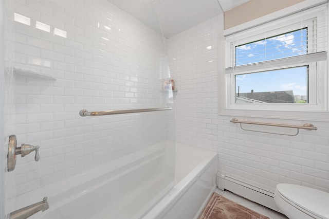 bathroom with baseboard heating, tile patterned flooring, toilet, shower / tub combination, and tile walls