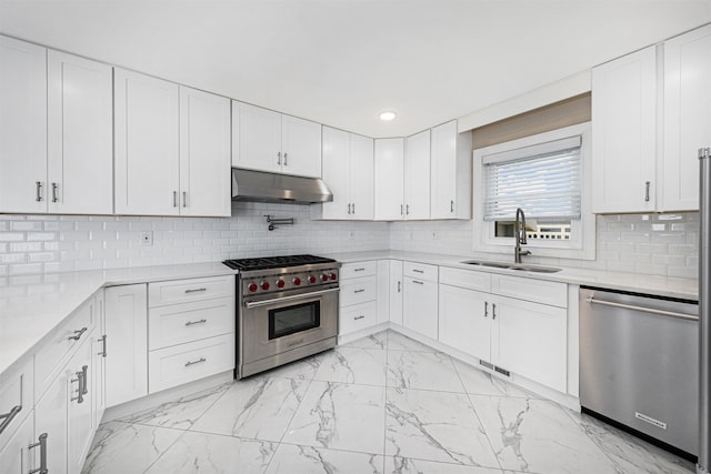 kitchen featuring backsplash, sink, white cabinets, and appliances with stainless steel finishes