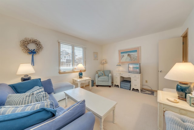 living area featuring carpet flooring and a fireplace