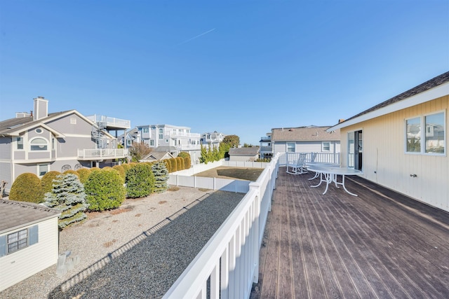 wooden deck with a residential view and a fenced backyard