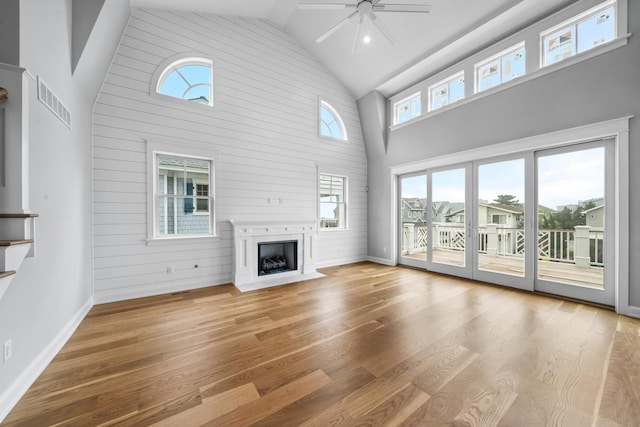65 E 24th St, Avalon, NJ 08202 - unfurnished living room with high vaulted ceiling, ceiling fan, wood finished floors, a fireplace with flush hearth, and wooden walls