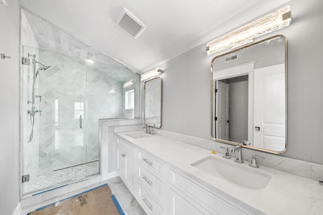 65 E 24th St, Avalon, NJ 08202 - full bathroom featuring marble look tiles, a marble finish shower, and double vanity