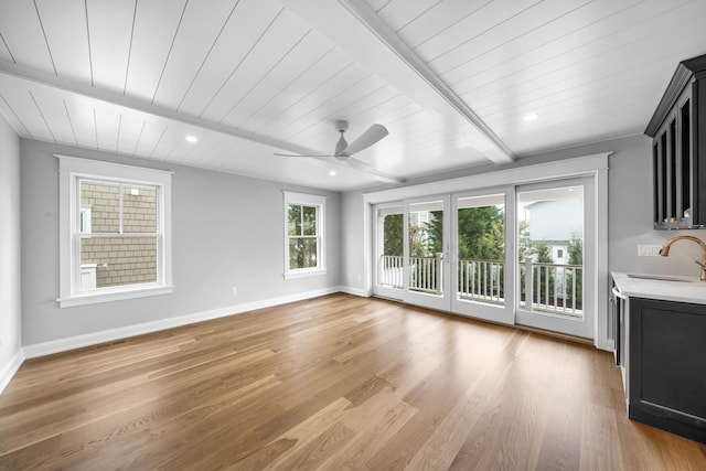 65 E 24th St, Avalon, NJ 08202 - unfurnished living room featuring ceiling fan, a wooden ceiling with exposed beams, light wood-style flooring, and recessed lighting