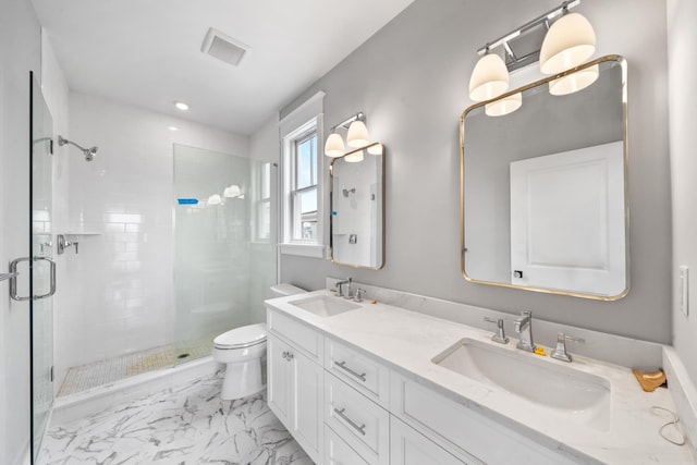 65 E 24th St, Avalon, NJ 08202 - bathroom featuring a stall shower, double vanity, marble look tiles, and recessed lighting