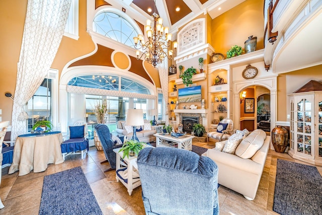 living room featuring beam ceiling, a towering ceiling, coffered ceiling, and ornamental molding