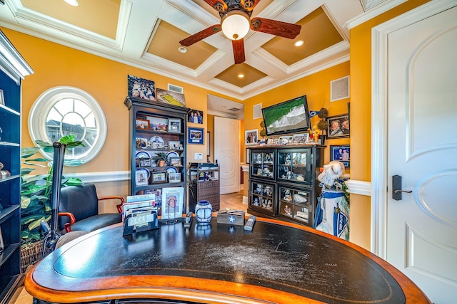 office with beamed ceiling, ceiling fan, crown molding, and coffered ceiling