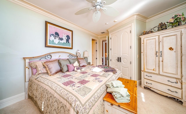 bedroom with ceiling fan, crown molding, and light carpet