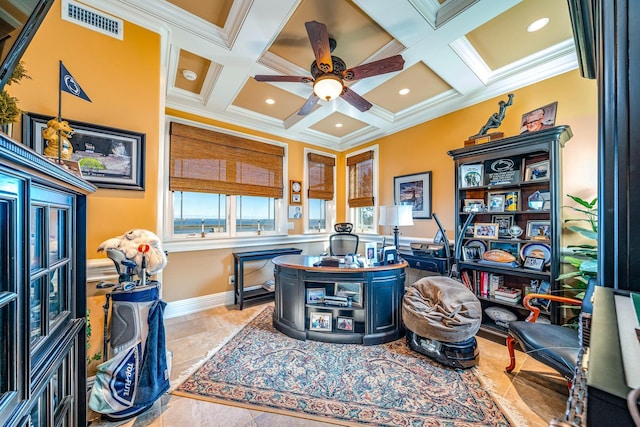 home office featuring ceiling fan, beamed ceiling, coffered ceiling, and ornamental molding