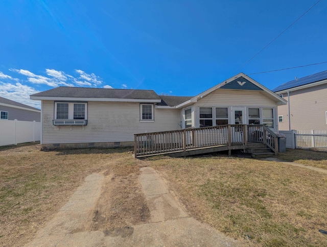 single story home with a deck, a front yard, a fenced backyard, and crawl space