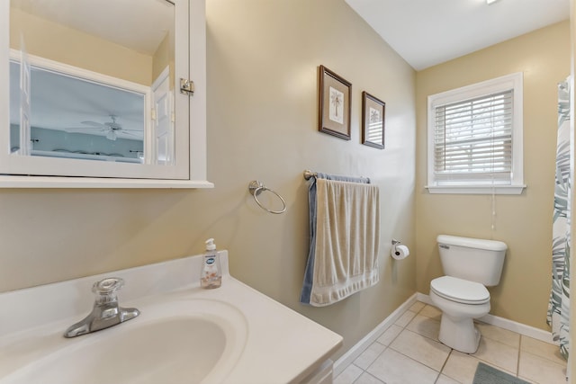 bathroom featuring toilet, ceiling fan, vanity, tile patterned flooring, and baseboards