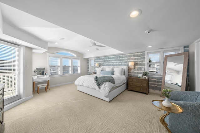 bedroom featuring recessed lighting, light carpet, vaulted ceiling, and baseboards