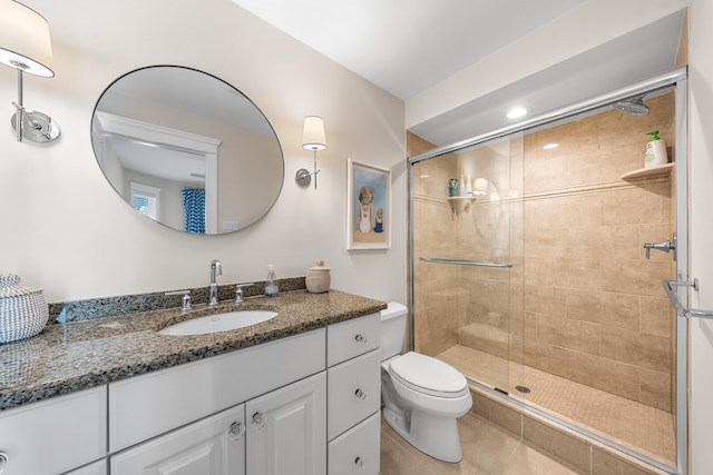 full bathroom featuring tile patterned floors, a shower stall, toilet, and vanity