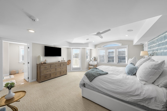 carpeted bedroom featuring recessed lighting, ceiling fan, access to exterior, ensuite bathroom, and baseboards