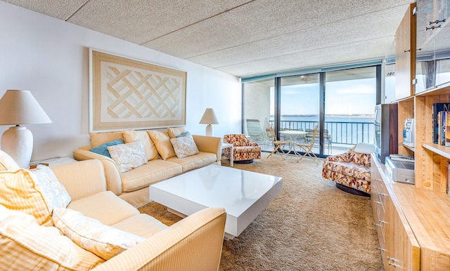 living area with carpet floors, a water view, and a wall of windows