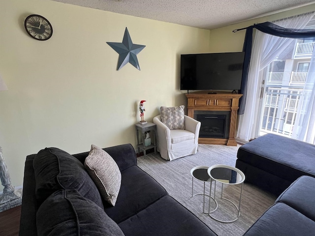 living room with a textured ceiling